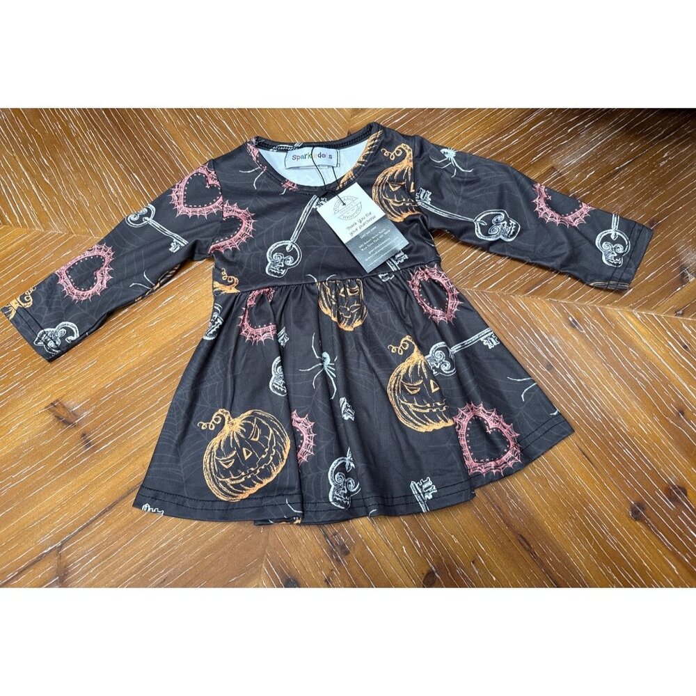 Halloween-Themed Baby Girls Long Sleeve Dress By Sparkle Dot Pumpkin & Spider We